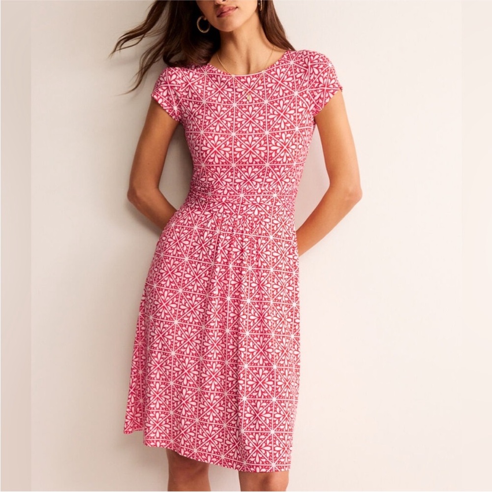 NWT Boden Amelie Jersey Dress Flame Scarlet Floral Mosaic